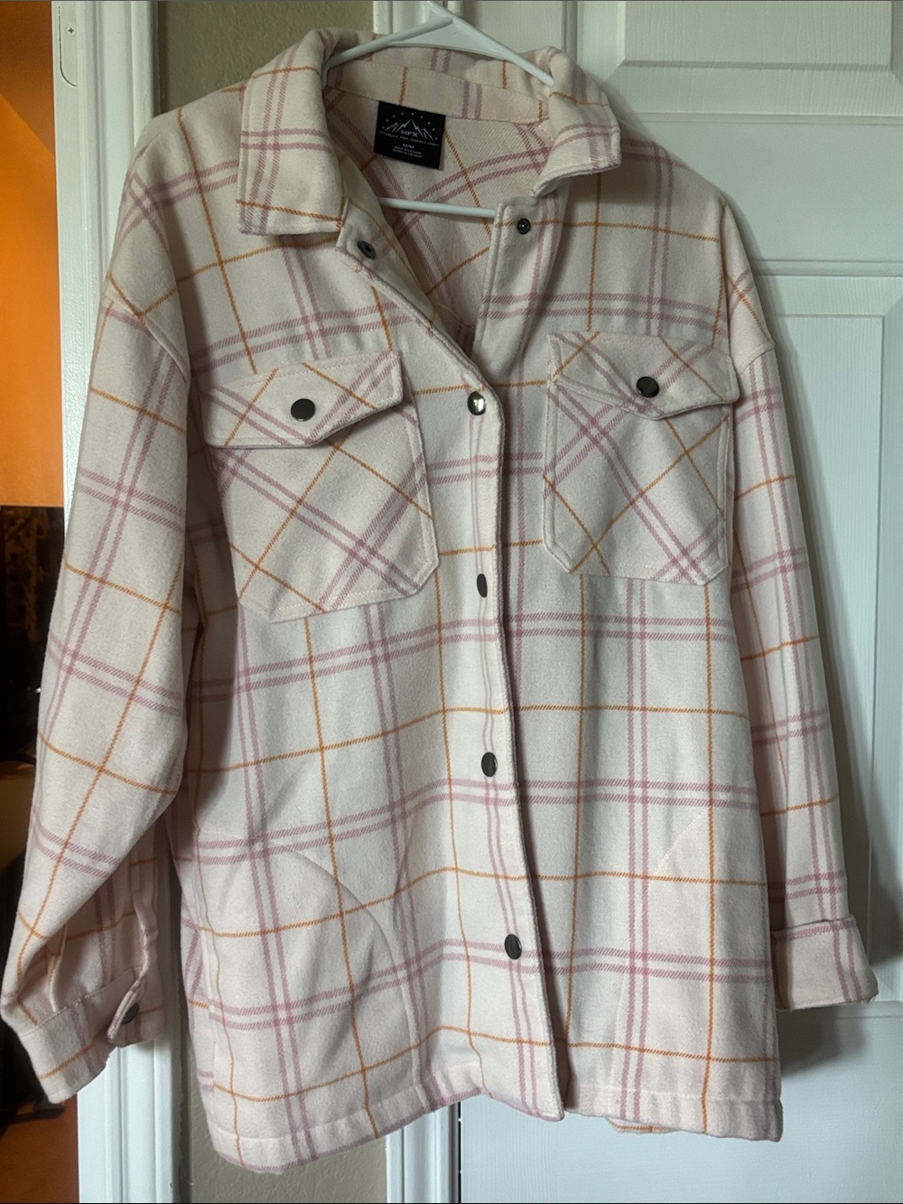HFX Cozy Plaid Button-Up Shacket in Cream with Pink & Mustard Lines